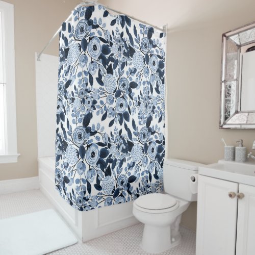 Navy Pastel Blue Watercolor Floral Pattern Shower Curtain
