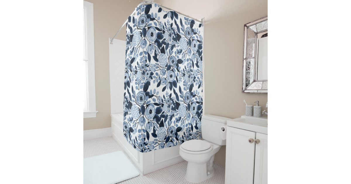 Navy Pastel Blue Watercolor Floral Pattern Shower Curtain | Zazzle