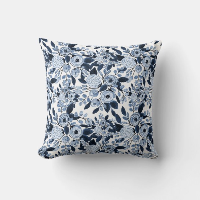 Navy Pastel Blue Watercolor Floral Pattern Throw Pillow (Front)