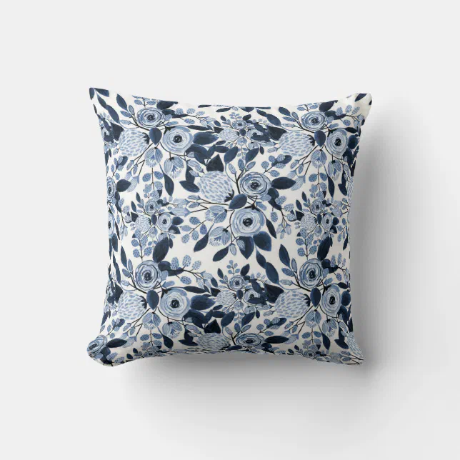 Navy Pastel Blue Watercolor Floral Pattern Throw Pillow | Zazzle