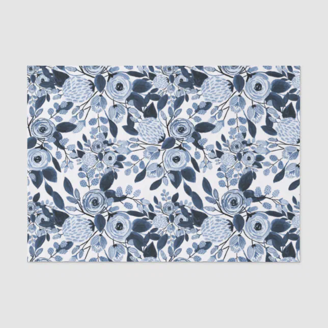 Navy Pastel Blue Watercolor Floral Pattern Tissue Paper | Zazzle