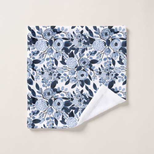Navy Pastel Blue Watercolor Floral Pattern Wash Cloth