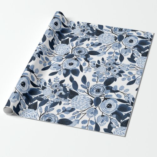 Navy Pastel Blue Watercolor Floral Pattern Wrapping Paper
