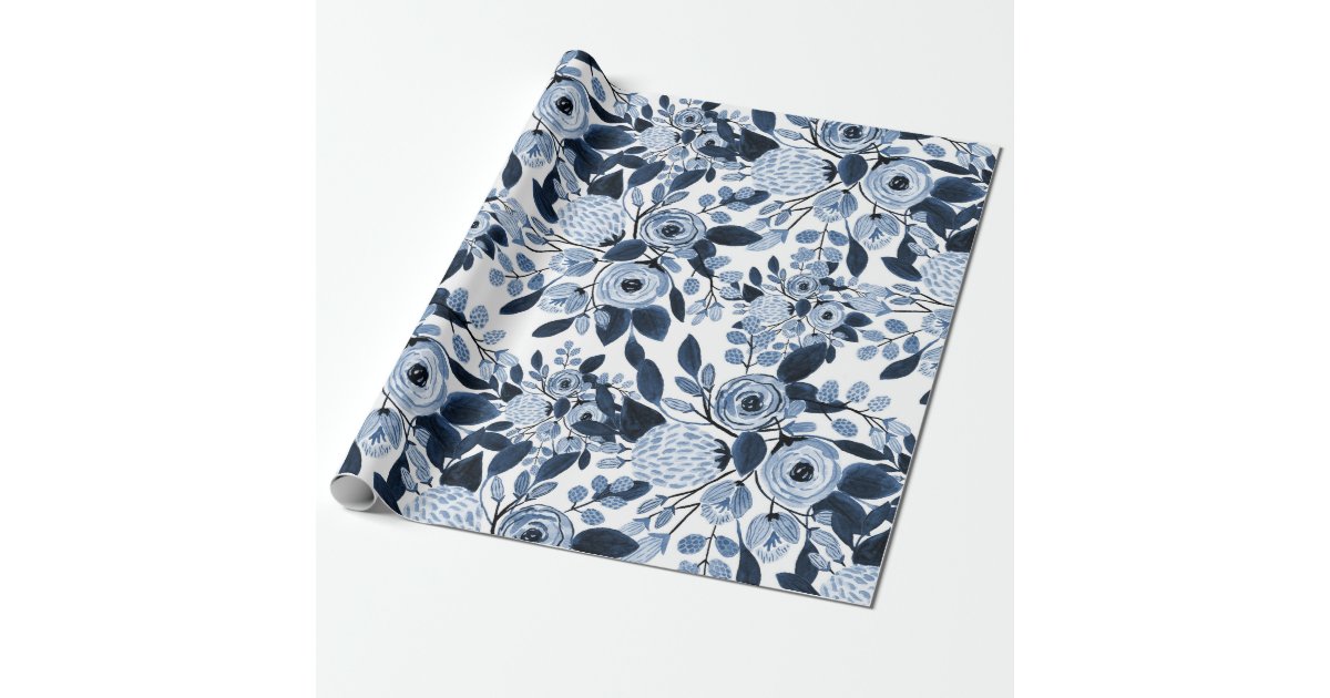 Navy Pastel Blue Watercolor Floral Pattern Wrapping Paper | Zazzle