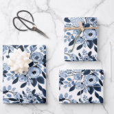 Dusty Blue Navy Champagne Ivory Floral Wedding Wrapping Paper Sheets