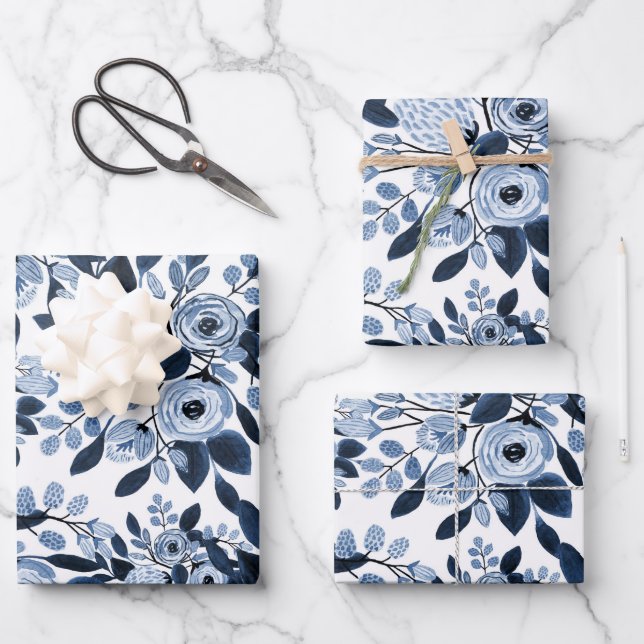 Navy Pastel Blue Watercolor Floral Pattern Wrapping Paper Sheets (Front)