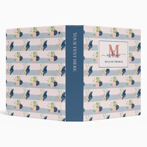 Navy Pastel Pink Nautical Custom Name Monogram 3 Ring Binder