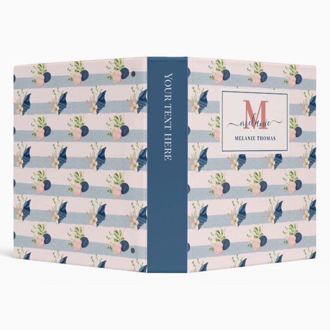Navy Pastel Pink Nautical Custom Name Monogram 3 Ring Binder (Background)