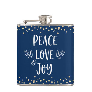 Navy Peace Love Joy Modern Typography Gold Dots Flask