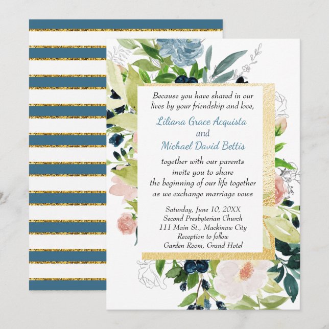 Navy Peach and Gold Watercolor Floral Wedding Invitation (Front/Back)