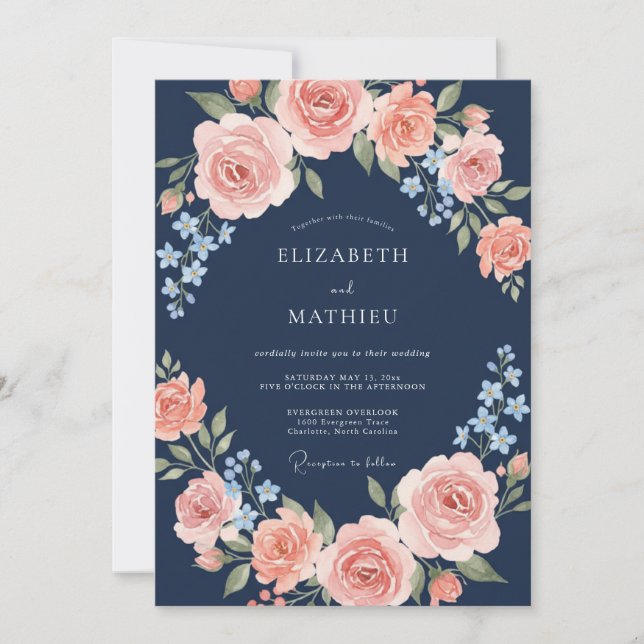 Navy Peach Blossom Arch Wedding Invitation (Front)