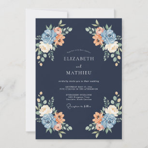 Navy Peach Blossom Flourish Wedding Invitation