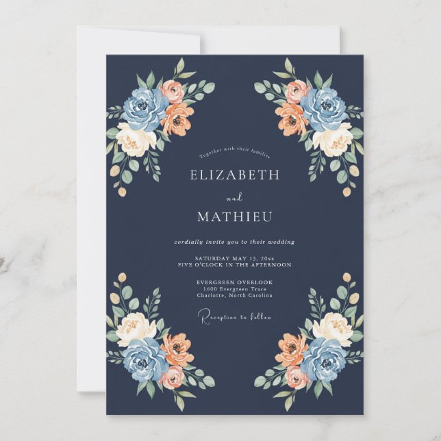 Navy Peach Blossom Flourish Wedding Invitation (Front)