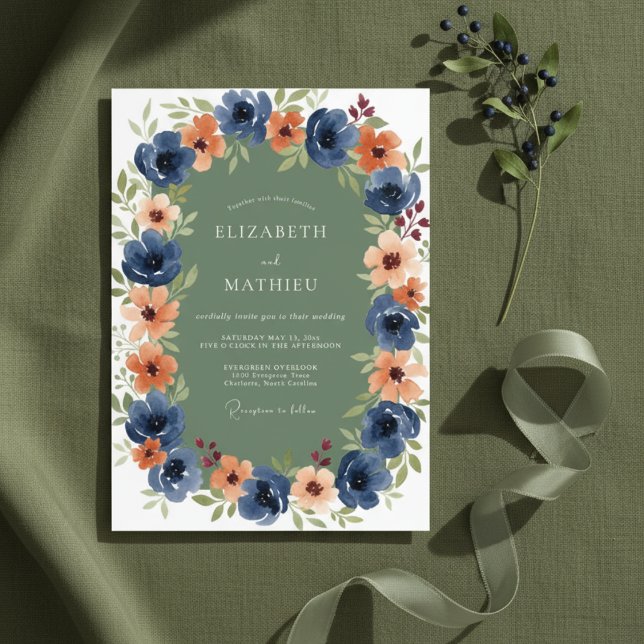 Navy Peach Bold Autumnal Wedding Invitation (Creator Uploaded)