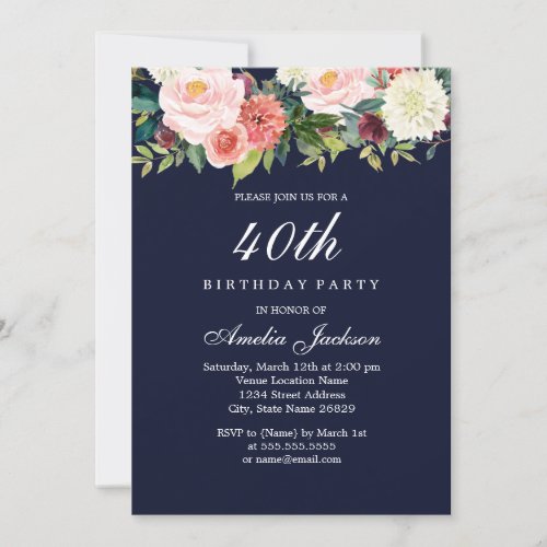 Navy Peach Botanical Floral 40th Birthday Invitation