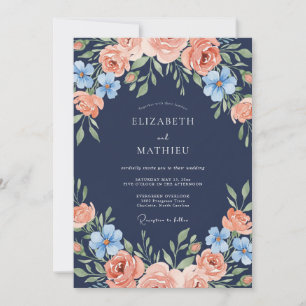 Navy Peach Floral Arch Wedding Invitation
