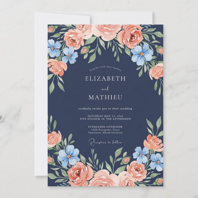 Navy Peach Floral Arch Wedding Invitation (Front)