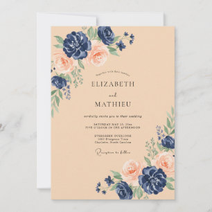 Navy Peach Floral Bloom Wedding Invitation