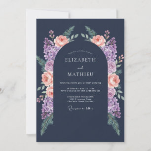 Navy Peach Floral Midnight Wedding Invitation