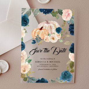 Navy Peach Floral Pumpkin Wedding Save the Date