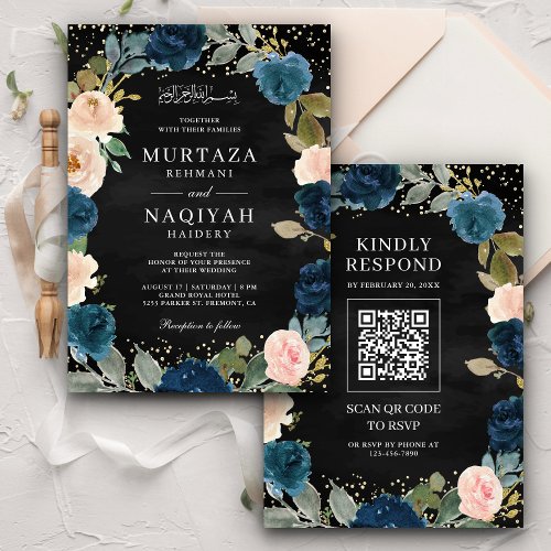 Navy Peach Floral QR Code Black Muslim Wedding Invitation
