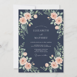 Navy Peach Floral Watercolor Wedding Invitation