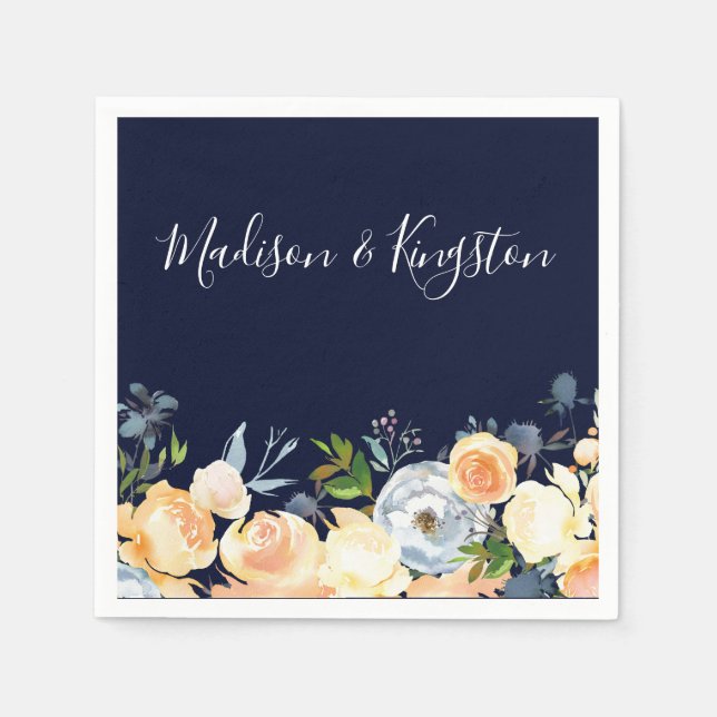 Navy & Peach Flowers Modern Floral Wedding Paper Napkins (Front)