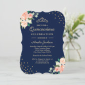 Navy Peach Gold Floral Confetti Quinceanera Invitation (Standing Front)