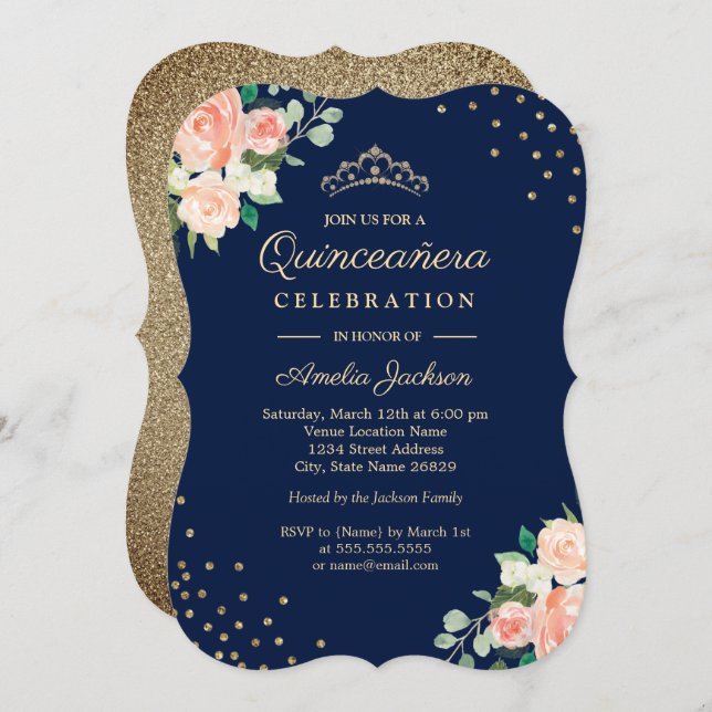 Navy Peach Gold Floral Confetti Quinceanera Invitation (Front/Back)