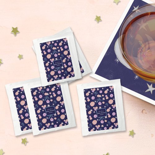 Navy Peach Hand Drawn Flowers Bow Girl Baby Shower Tea Bag Drink Mix