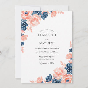 Navy Peach Lush Watercolor Summer Wedding Invitation