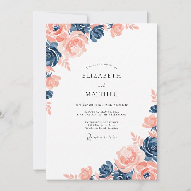 Navy Peach Lush Watercolor Summer Wedding Invitation (Front)