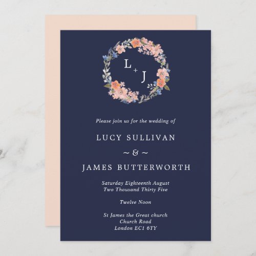 Navy  Peach Monogram Floral Wreath Wedding Invitation