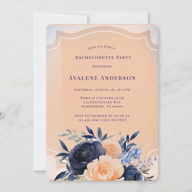 Navy Peach Painted Floral Bachelorette Party Invitation (Front)