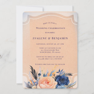 Navy Peach Painted Floral Wedding Celebration  Invitation