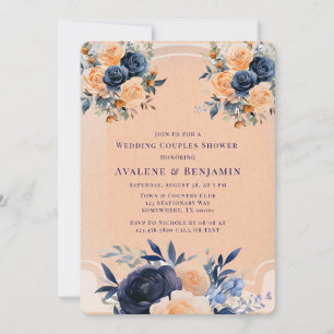 Navy Peach Painted Floral Wedding Couples Shower Invitation