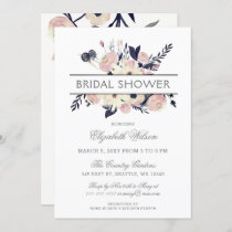 Navy Peach Pink Floral Spring Bridal Shower Invitation
