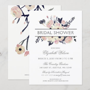 Navy Peach Pink Floral Spring Bridal Shower Invitation