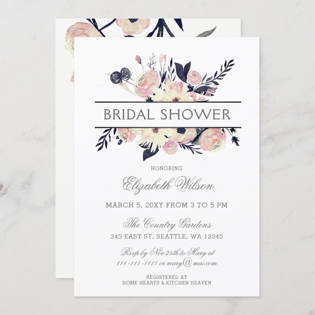 Navy Peach Pink Floral Spring Bridal Shower Invitation (Front/Back)
