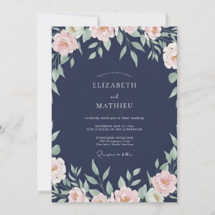 Navy Peach Ranunculus Eucalyptus Wedding Invitation