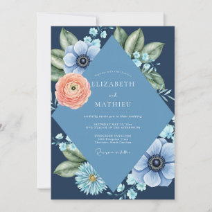 Navy Peach Ranunculus Muted Eucalyptus Wedding Invitation