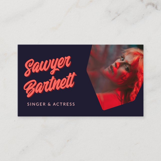 Navy Peach Retro Geometric Photo Shapes Performer Business Card (Front)
