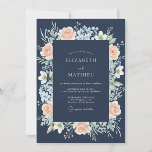 Navy Peach Romantic Floral Wedding Invitation