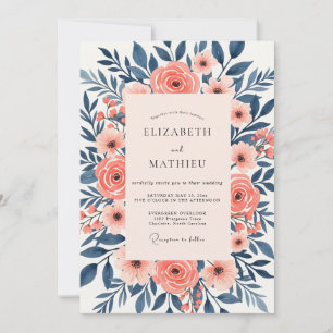 Navy Peach Serene Floral Wedding Invitation