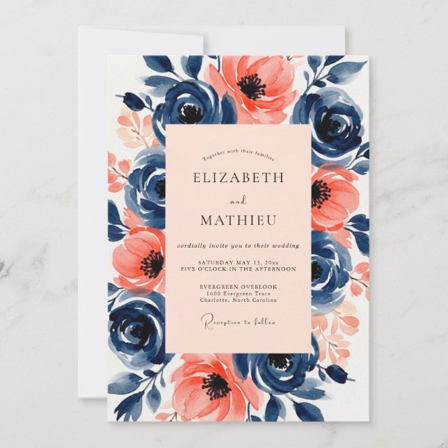 Navy Peach Vivid Summer Wedding Invitation (Front)