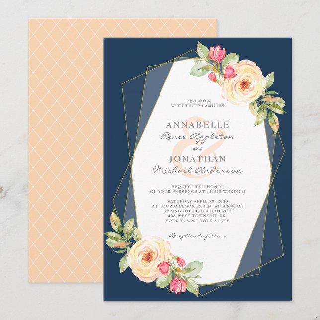 Navy Peach Watercolor Flowers Geometric Wedding Invitation (Front/Back)