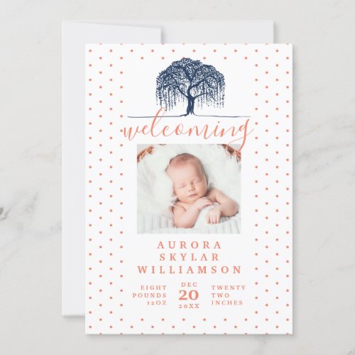 Navy  Peach Willow Family Tree Birth Announcement