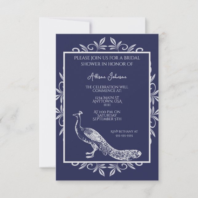 Navy Peacock Flourish Bridal Shower Invitation (Front)