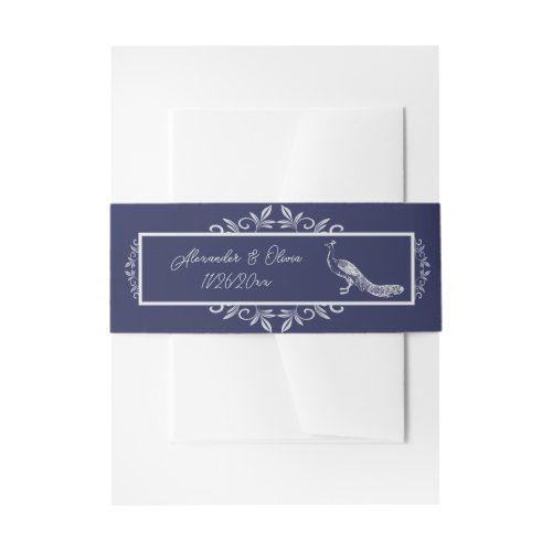 Navy Peacock Flourish Invitation Belly Band