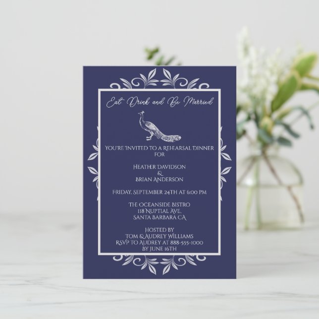 Navy Peacock Flourish Rehearsal Dinner Invitation (Standing Front)